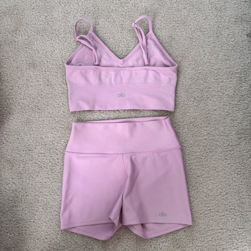 ALO Yoga Women's Pink Strappy Bralette & airlift High-Waist Shorts Set